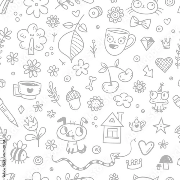 Fototapeta Seamless pattern with animals and objects on a white background. Vector doodle wallpaper with cute funny characters.