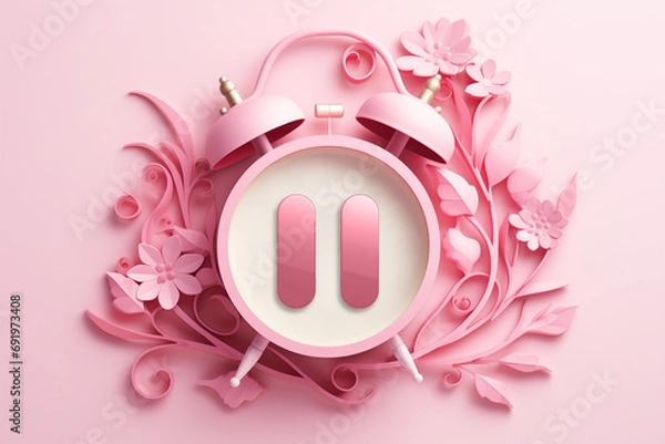 Fototapeta Alarm clock with pause sign, take a break, menopause concept, hormone replacement therapy