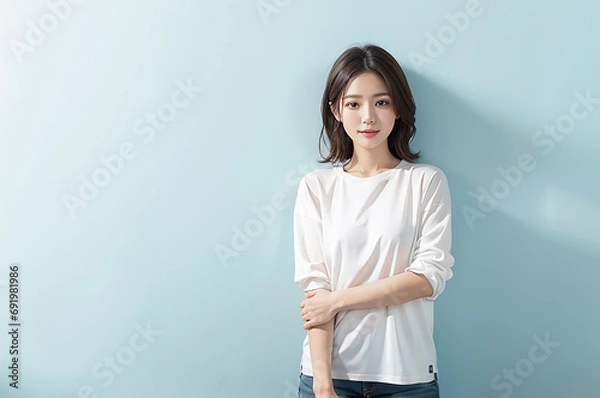 Obraz Tシャツを着た笑顔の日本人女性　青背景｜Generative AI