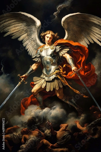 Fototapeta Graphic and biblical representation of the Archangel Michael. AI generativ.