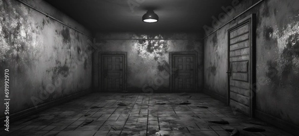 Fototapeta an empty prison cell with lights on it in a hallway