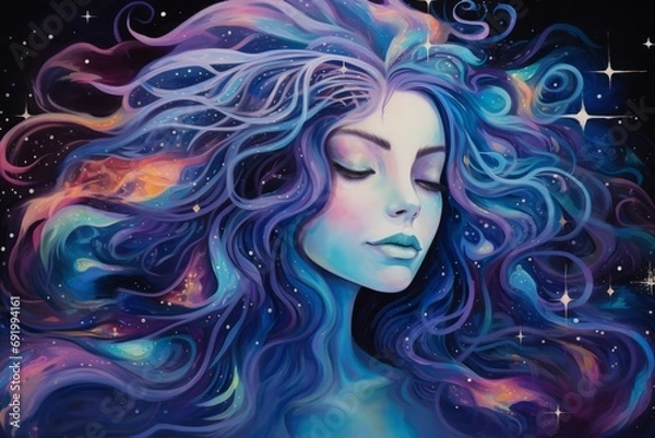 Fototapeta Portrait of an ethereal goddess with flowing hair painted in cosmic hues, Generative AI