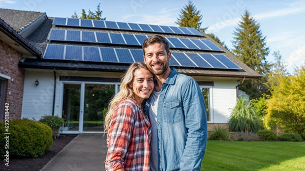 Obraz Happy blonde and brunette couple standing in the driveway of their house smiling, solar panels on roof, sunny weather 