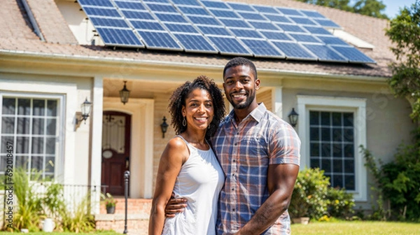 Obraz Happy black couple standing in the driveway of their house smiling, solar panels on roof, sunny weather 