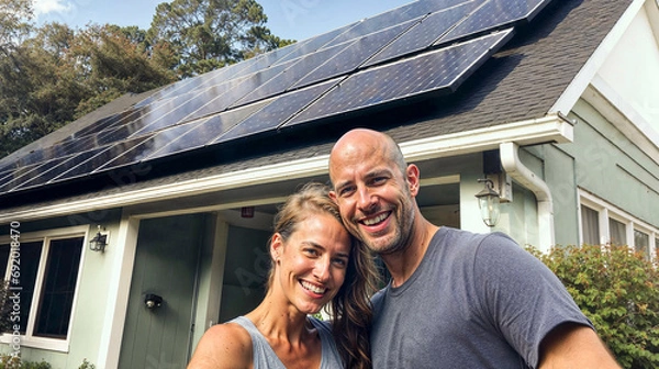 Obraz Happy blonde couple standing in the driveway of their house smiling, solar panels on roof, sunny weather 