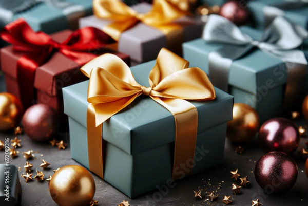 Fototapeta Gift boxes with bows on bokeh background, closeup. Christmas and New Year concept