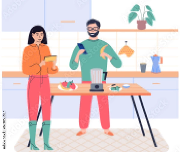 Fototapeta Using phone. Vector illustration. The telephone is device commonly used for communication Users rely on phone for various purposes The use technology, such as smartphones has transformed