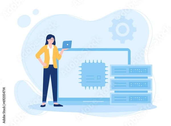 Fototapeta woman managing big data with laptop concept flat illustration