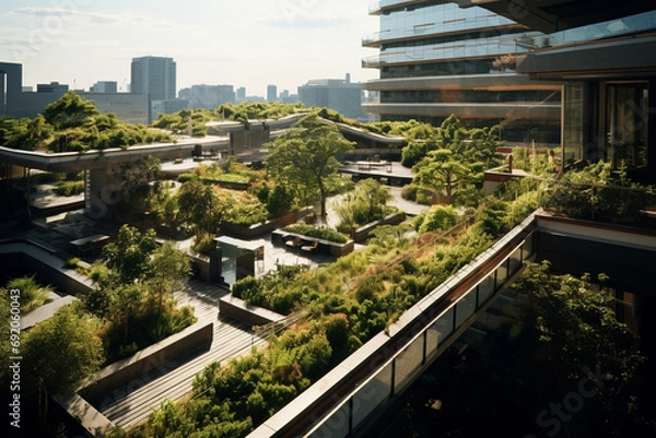 Fototapeta Landscape architect designing a rooftop garden for an urban building. Green urban spaces and sustainable city development.