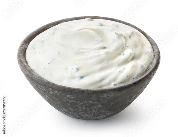 Obraz Dark grey ceramic bowl of fresh sour cream dip sauce with herbs