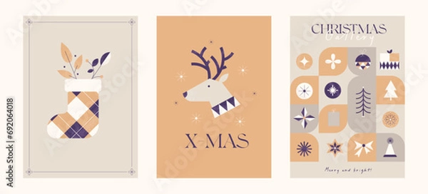 Obraz Christmas posters in a minimalistic retro style with Christmas deer, tree, balls, snowflakes and more. Geometric Christmas. Winter abstract symbols and elements. Vector textured illustrations.