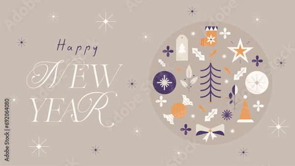 Obraz Happy New Year 2024 Banner. Happy New Year greeting banner with geometric holiday winter symbols and elements. Minimalistic retro flat style. Vector illustration.