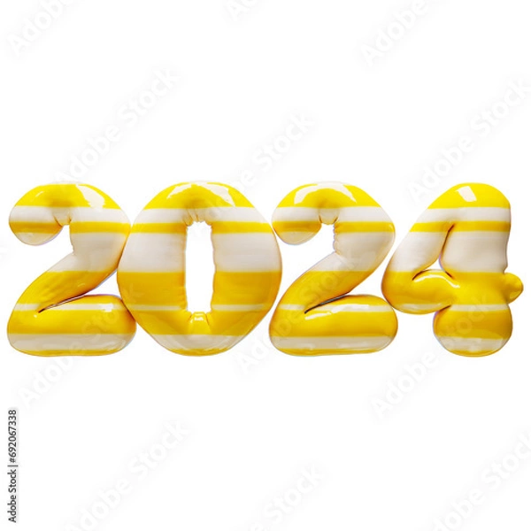 Obraz 2024 3D numbers with candy texture . New Year 2024 inflated numbers with funny candy texture in yellow color. 3D rendered numbers.