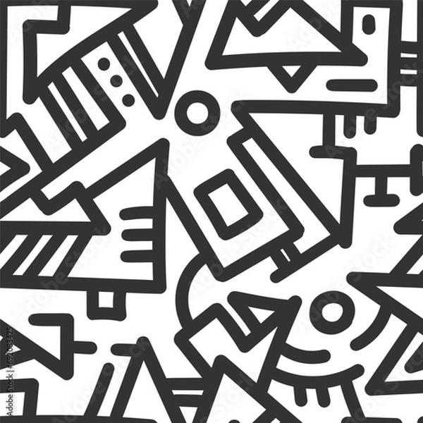 Fototapeta Seamless abstract black pattern on white background. Vector doodle image. Graphic linear  ornament.