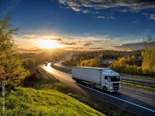 Fototapeta White trucks driving on the highway winding through forested landscape in autumn colors at sunset
