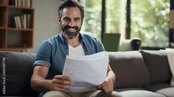 Obraz Cheerful man sitting comfortably on a sofa, holding and reading a document, with a bright and friendly smile.