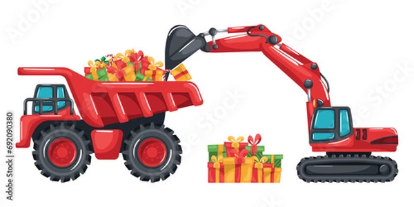 Obraz Caterpillar excavator loading boxes of Christmas gifts to a mining truck. Merry christmas. Celebrating the beginning of a happy new year. Heavy machinery in the construction industry
