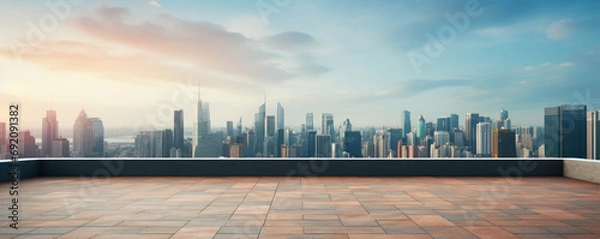 Obraz Empty roof made from bricks. Brick rooftop view on city in background