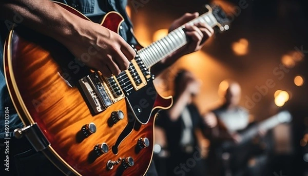 Fototapeta Music band performing on concert stage with guitarist in the background   soft and blur concept
