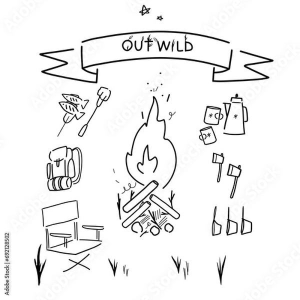 Obraz Hand drawn vector illustration of camping items icon set  - Fall event, out door camp, goods and item for hike - Out Wild