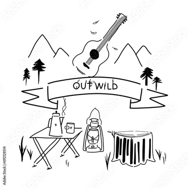 Obraz Hand drawn vector illustration of camping items icon set  - Fall event, out door camp, goods and item for hike - Out Wild