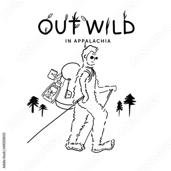 Fototapeta Hand drawn vector illustration of camping Big Foot - hiking - Out Wild in Appalachia 