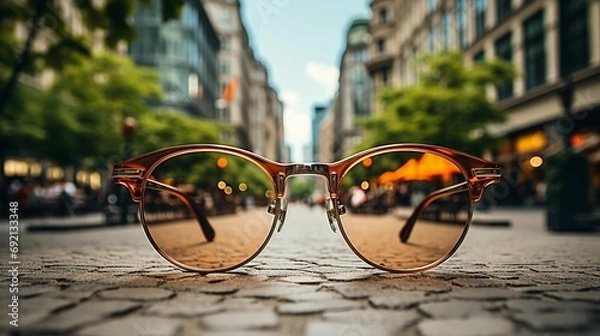 Obraz Glasses in Modern Cityscape with Night Lights in Vibrant Downtown District