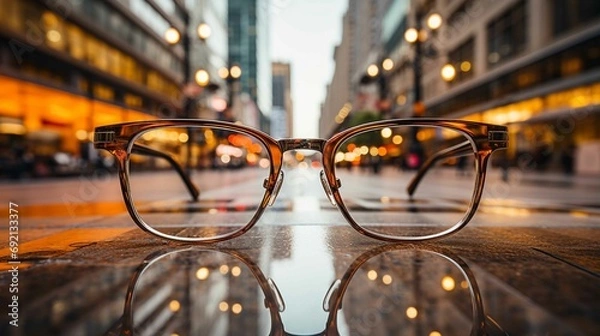 Obraz glasses on city street lit up with lights at night