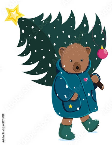 Obraz Baby bear with christmas tree. Decorative background, card, sticker.