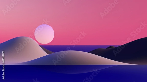 Fototapeta Minimalist surrealistic abstract landscape background. Sun, waves and dunes. Bright colors