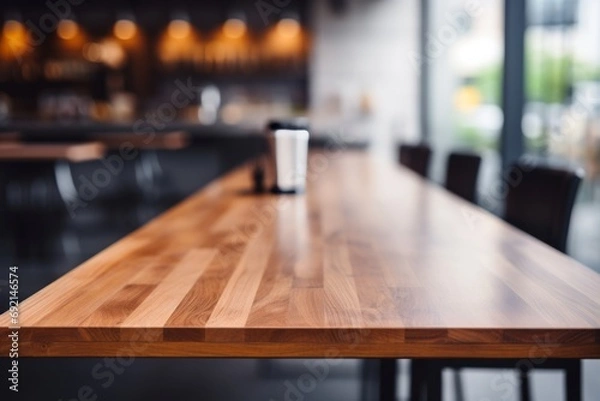 Fototapeta Bright Kitchen Interior with Empty Wood Table Top for Product Placement and Bokeh Effect