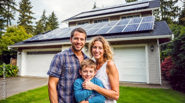 Obraz Happy family hugging in front of their house with solar panels on the roof