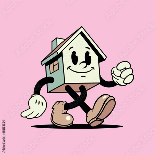 Obraz A cheerful, vintage cartoon-style house with a face, arms, and legs is depicted walking forward on a solid pink background. Vintage cartoon house mascot, comic character. Vector