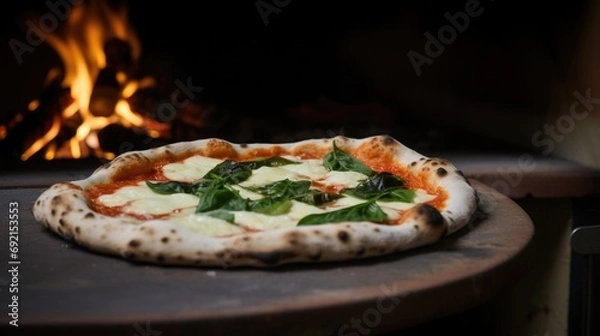 Fototapeta Authentic Neapolitan Pizza with fresh basil and mozzarella, wood-fired oven in the background