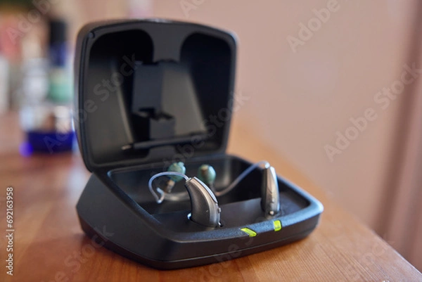 Obraz Close Up Of Wireless Hearing Aid Or Device From Charging Case At Home