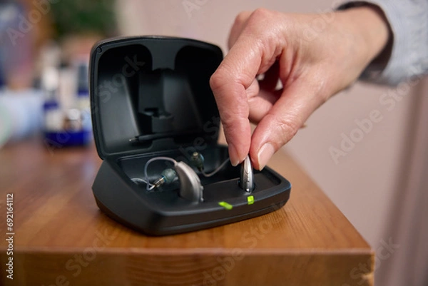Obraz Close Up Of Person Picking Up Wireless Hearing Aid Or Device From Charging Case At Home
