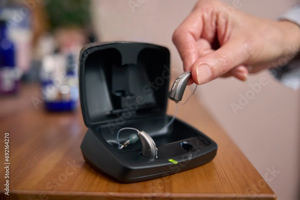 Obraz Close Up Of Person Picking Up Wireless Hearing Aid Or Device From Charging Case At Home