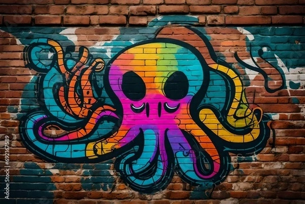Fototapeta  multicolored piece of graffiti with an ominous octopus face on an ancient brick wall
