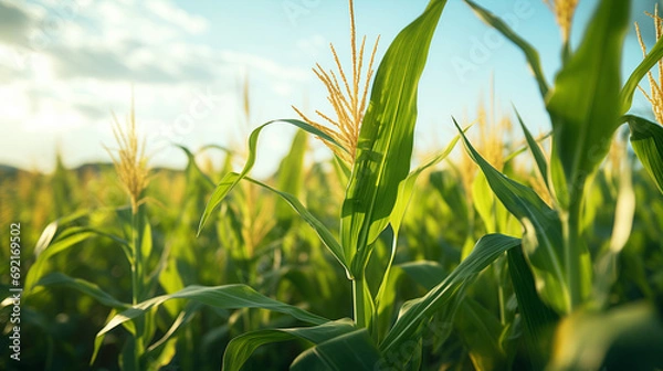 Fototapeta Yellow corn ears and green leaves in corn field