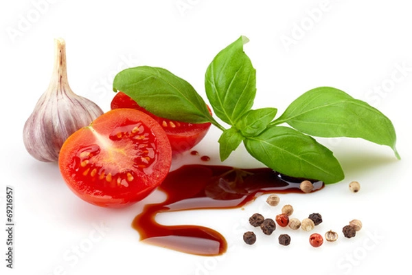 Fototapeta pomidor, bazylia i ocet balsamiczny