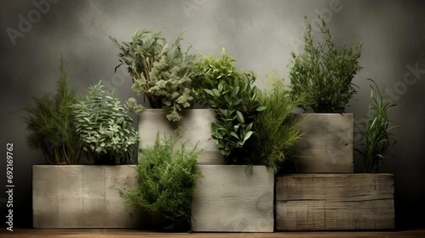 Fototapeta Assorted Lush Green Potted Plants in Rustic Wooden Boxes on a Wooden Floor