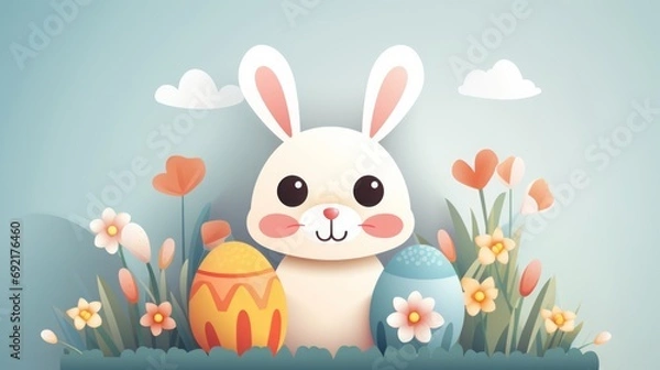 Fototapeta Easter cartoon bunny and eggs.