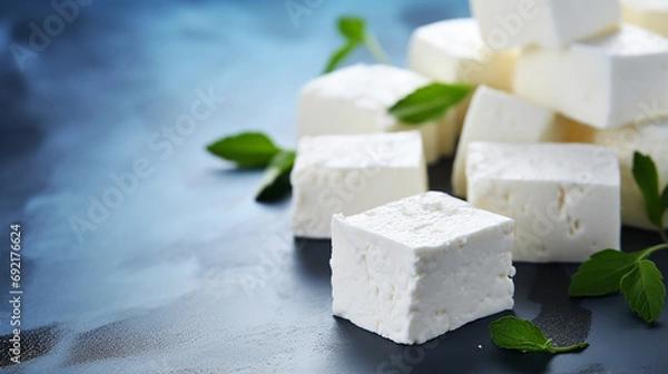 Obraz Cubes of feta cheese with mint leaves on a blue background
