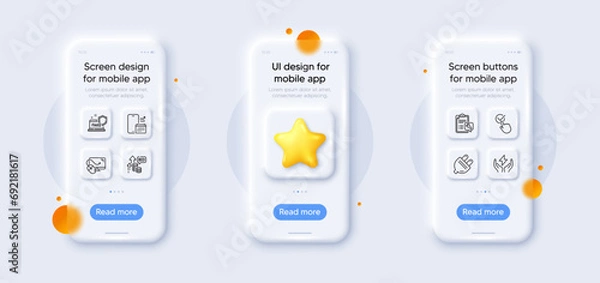 Fototapeta Fake internet, Checkbox and Phone calendar line icons pack. 3d phone mockups with star. Glass smartphone screen. Electric plug, Safe energy, Bid offer web icon. Vector
