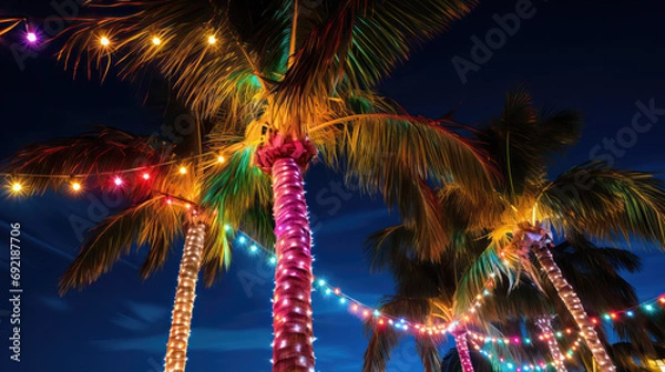 Fototapeta Christmas Lights on a Palm Tree at Night 