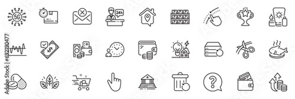 Obraz Icons pack as Swipe up, Reception desk and Sunscreen line icons for app include Organic tested, Victory, Inflation outline thin icon web set. Accepted payment, Shopping cart. Vector