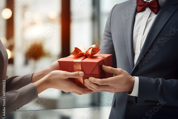 Obraz close-up of red gift box in hands for valentine's day or christmas, generated ai
