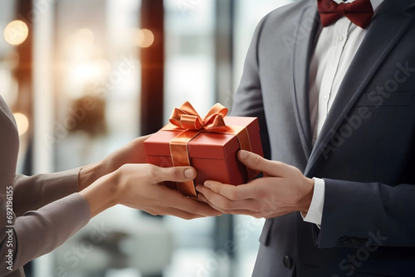 Obraz close-up of red gift box in hands for valentine's day or christmas, generated ai