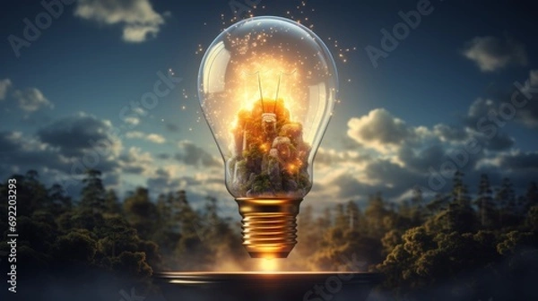 Fototapeta light bulb launching like a rocket with nature background