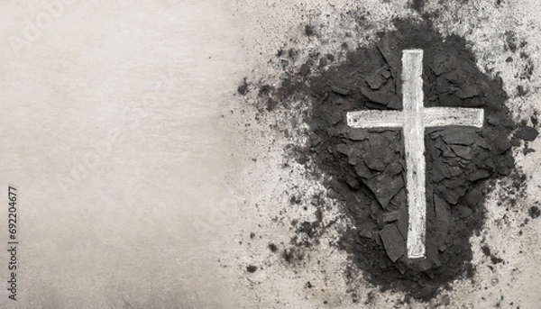 Fototapeta Christian Cross Rysowanie w popioła jako symbol religii. Ofiara, Jezus Chrystus, popielniczka środowa koncepcja